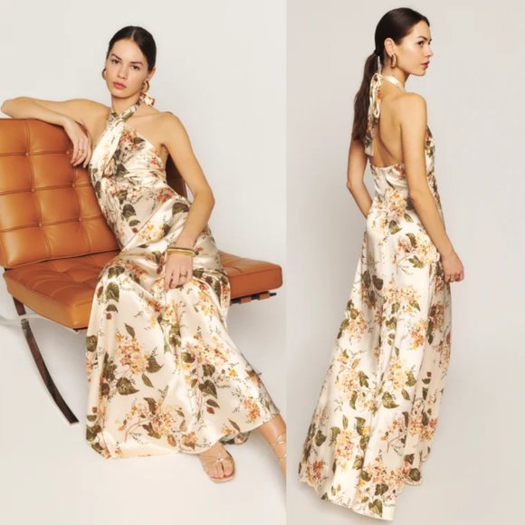 Reformation Veria Maxi Silk Dress Sz 8 Bella Floral Wrap Front Halter - Picture 2 of 11